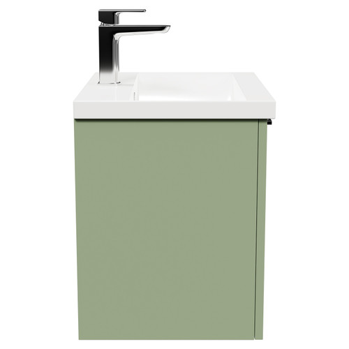 Napoli Olive Green 500mm Wall Mounted Vanity Unit with 1 Tap Hole Basin and Single Drawer with Polished Chrome Handle Side View