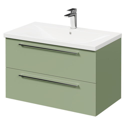 Napoli Olive Green 800mm Wall Mounted Vanity Unit with 1 Tap Hole Basin and 2 Drawers with Polished Chrome Handles Right Hand View