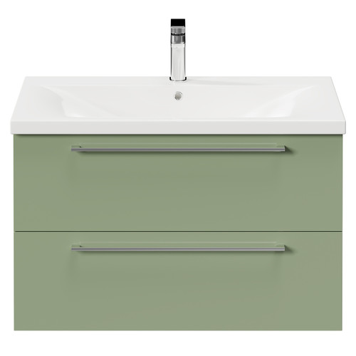 Napoli Olive Green 800mm Wall Mounted Vanity Unit with 1 Tap Hole Basin and 2 Drawers with Polished Chrome Handles Front View