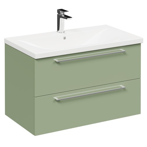 Napoli Olive Green 800mm Wall Mounted Vanity Unit with 1 Tap Hole Basin and 2 Drawers with Polished Chrome Handles Left Hand View