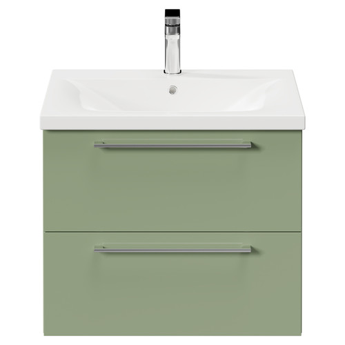 Napoli Olive Green 600mm Wall Mounted Vanity Unit with 1 Tap Hole Basin and 2 Drawers with Polished Chrome Handles Front View