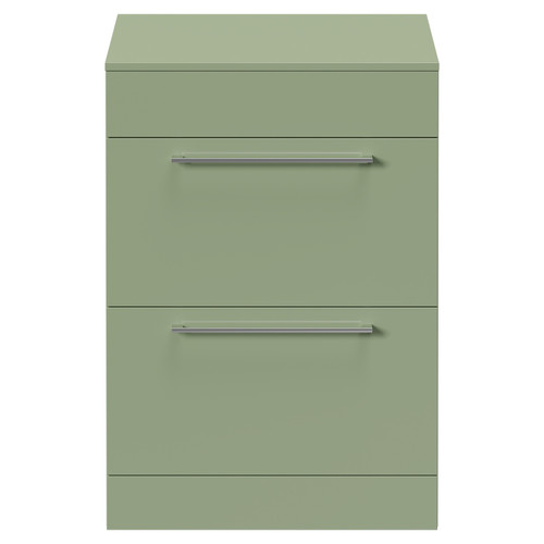 Napoli Olive Green 600mm Floor Standing Vanity Unit for Countertop Basins with 2 Drawers and Polished Chrome Handles Front View