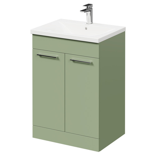 Napoli Olive Green 600mm Floor Standing Vanity Unit with 1 Tap Hole Basin and 2 Doors with Polished Chrome Handles Right Hand View