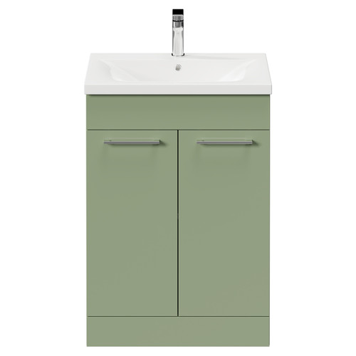 Napoli Olive Green 600mm Floor Standing Vanity Unit with 1 Tap Hole Basin and 2 Doors with Polished Chrome Handles Front View