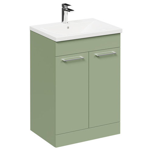 Napoli Olive Green 600mm Floor Standing Vanity Unit with 1 Tap Hole Basin and 2 Doors with Polished Chrome Handles Left Hand View