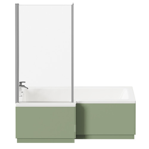 Loire 1700mm Left Hand L Shaped Shower Bath with Polished Chrome Bath Screen and Olive Green Front and End Bath Panels Front View