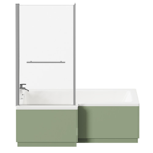 Loire 1700mm Left Hand L Shaped Shower Bath with Polished Chrome Towel Rail Bath Screen and Olive Green Front and End Bath Panels Front View