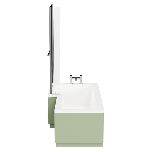 Loire 1700mm Left Hand L Shaped Shower Bath with Polished Chrome Towel Rail Bath Screen and Olive Green Front and End Bath Panels Side View