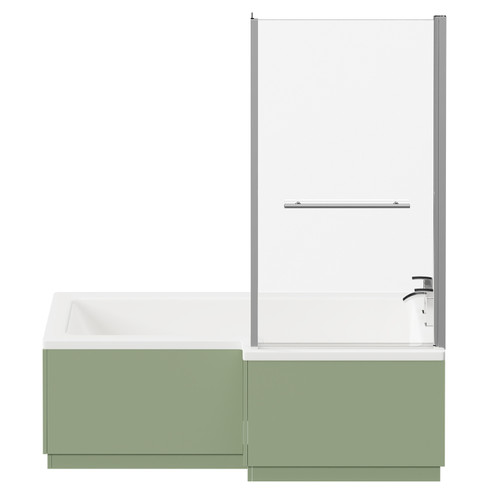 Loire 1700mm Right Hand L Shaped Shower Bath with Polished Chrome Towel Rail Bath Screen and Olive Green Front and End Bath Panels Front View