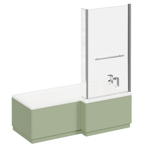 Loire 1700mm Right Hand L Shaped Shower Bath with Polished Chrome Towel Rail Bath Screen and Olive Green Front and End Bath Panels Left Hand View