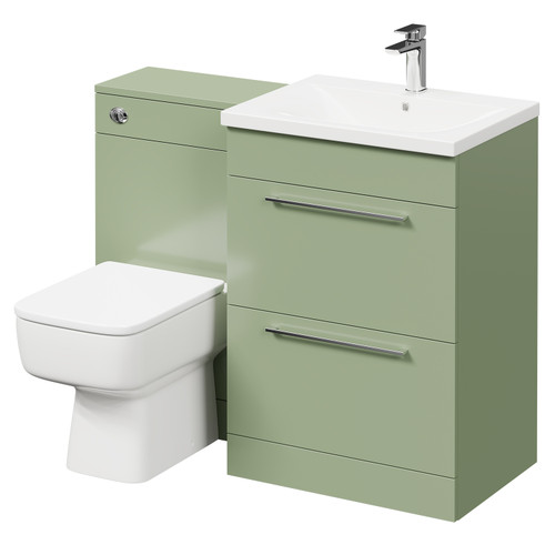 Napoli Olive Green 1100mm Vanity Unit Toilet Suite with 1 Tap Hole Basin and 2 Drawers with Polished Chrome Handles Right Hand View