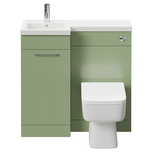 Napoli Combination Olive Green 900mm Vanity Unit Toilet Suite with Left Hand L Shaped 1 Tap Hole Basin and Single Door with Polished Chrome Handle Front View