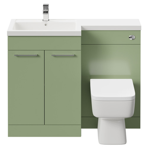 Napoli Combination Olive Green 1100mm Vanity Unit Toilet Suite with Left Hand L Shaped 1 Tap Hole Basin and 2 Doors with Polished Chrome Handles Front View