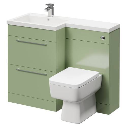 Napoli Combination Olive Green 1100mm Vanity Unit Toilet Suite with Left Hand L Shaped 1 Tap Hole Basin and 2 Drawers with Polished Chrome Handles Right Hand Side View