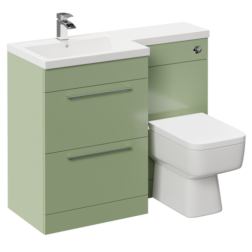 Napoli Combination Olive Green 1100mm Vanity Unit Toilet Suite with Left Hand L Shaped 1 Tap Hole Basin and 2 Drawers with Polished Chrome Handles Left Hand Side View
