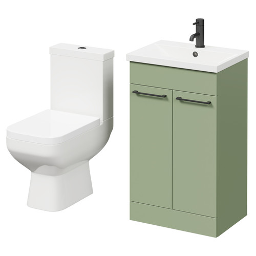 Turin Olive Green 500mm Floor Standing Vanity Unit and Toilet Suite with 1 Tap Hole Basin and 2 Doors with Matt Black Handles Right Hand View