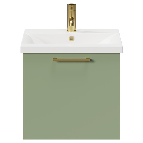 Napoli Olive Green 500mm Wall Mounted Vanity Unit with 1 Tap Hole Basin and Single Drawer with Brushed Brass Handle Front View Napoli Olive Green 500mm Wall Mounted Vanity Unit with 1 Tap Hole Basin and Single Drawer with Brushed Brass Handle Front View