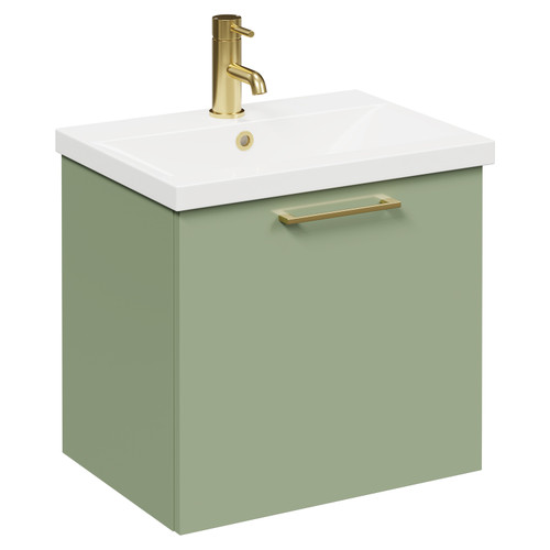 Napoli Olive Green 500mm Wall Mounted Vanity Unit with 1 Tap Hole Basin and Single Drawer with Brushed Brass Handle Left Hand View Napoli Olive Green 500mm Wall Mounted Vanity Unit with 1 Tap Hole Basin and Single Drawer with Brushed Brass Handle Left Hand View