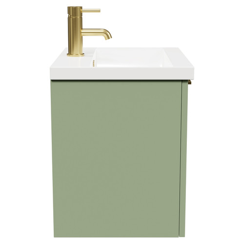 Napoli Olive Green 500mm Wall Mounted Vanity Unit with 1 Tap Hole Basin and Single Drawer with Brushed Brass Handle Side View
