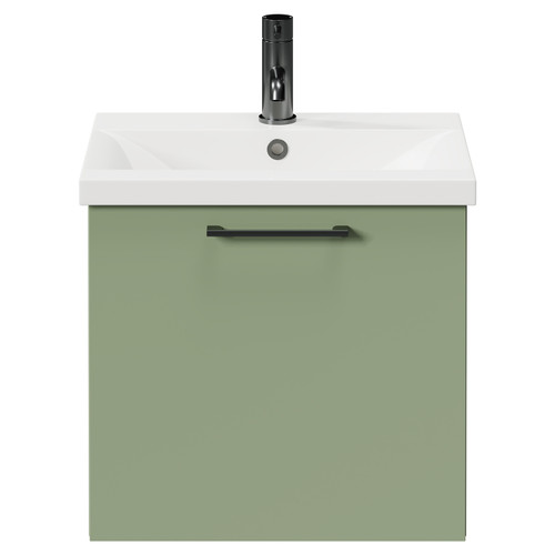 Napoli Olive Green 500mm Wall Mounted Vanity Unit with 1 Tap Hole Basin and Single Drawer with Gunmetal Grey Handle Front View