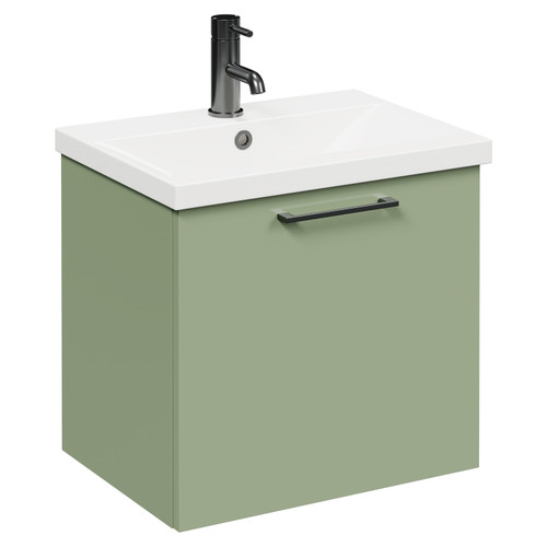 Napoli Olive Green 500mm Wall Mounted Vanity Unit with 1 Tap Hole Basin and Single Drawer with Gunmetal Grey Handle Left Hand View