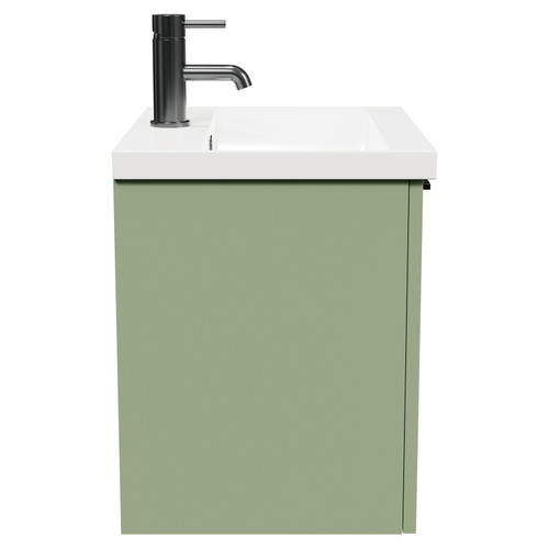 Napoli Olive Green 500mm Wall Mounted Vanity Unit with 1 Tap Hole Basin and Single Drawer with Gunmetal Grey Handle Side View