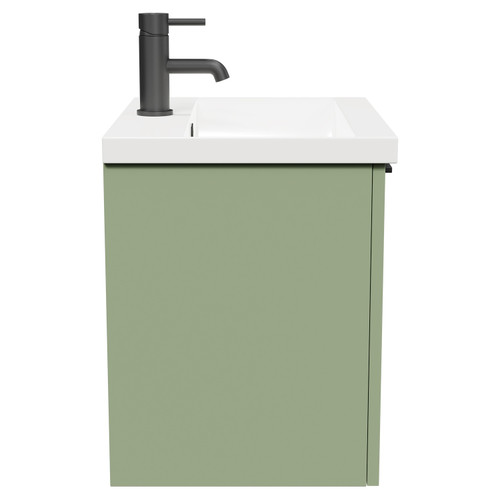 Napoli Olive Green 500mm Wall Mounted Vanity Unit with 1 Tap Hole Basin and Single Drawer with Matt Black Handle Side View