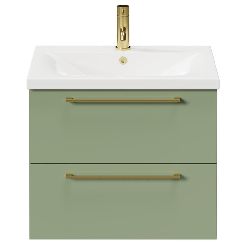 Napoli Olive Green 600mm Wall Mounted Vanity Unit with 1 Tap Hole Basin and 2 Drawers with Brushed Brass Handles Front View