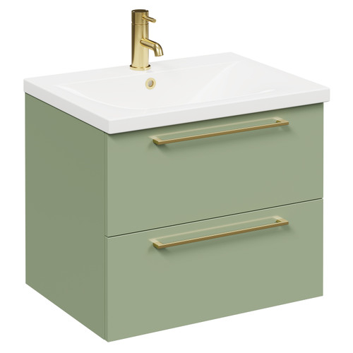 Napoli Olive Green 600mm Wall Mounted Vanity Unit with 1 Tap Hole Basin and 2 Drawers with Brushed Brass Handles Left Hand View