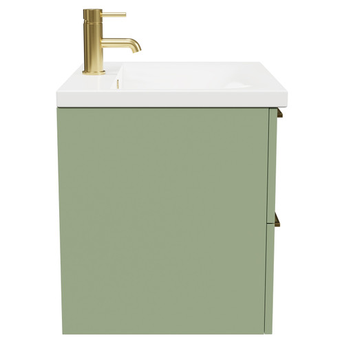 Napoli Olive Green 600mm Wall Mounted Vanity Unit with 1 Tap Hole Basin and 2 Drawers with Brushed Brass Handles Side View