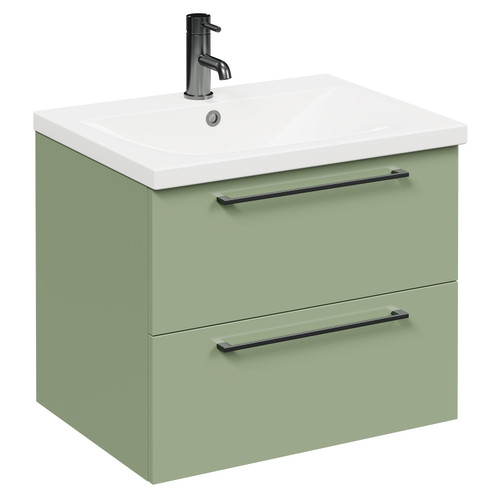 Napoli Olive Green 600mm Wall Mounted Vanity Unit with 1 Tap Hole Basin and 2 Drawers with Gunmetal Grey Handles Left Hand View