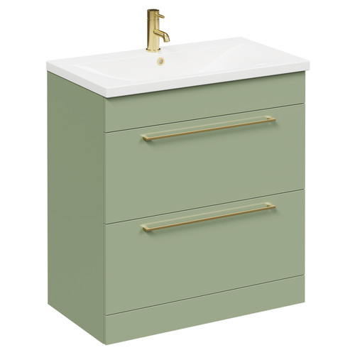 Napoli Olive Green 800mm Floor Standing Vanity Unit with 1 Tap Hole Basin and 2 Drawers with Brushed Brass Handles Left Hand View