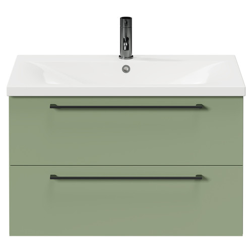 Napoli Olive Green 800mm Wall Mounted Vanity Unit with 1 Tap Hole Basin and 2 Drawers with Gunmetal Grey Handles Front View