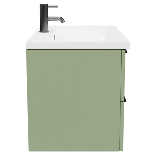 Napoli Olive Green 800mm Wall Mounted Vanity Unit with 1 Tap Hole Basin and 2 Drawers with Gunmetal Grey Handles Side View