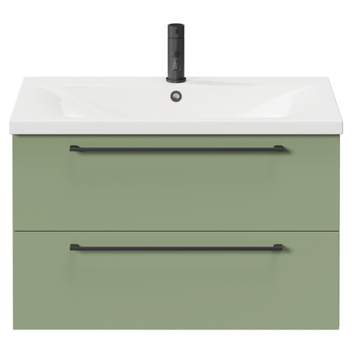 Napoli Olive Green 800mm Wall Mounted Vanity Unit with 1 Tap Hole Basin and 2 Drawers with Matt Black Handles Front View