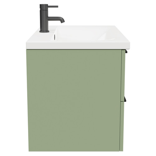 Napoli Olive Green 800mm Wall Mounted Vanity Unit with 1 Tap Hole Basin and 2 Drawers with Matt Black Handles Side View