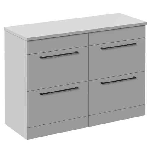 Napoli Gloss Grey Pearl 1200mm Floor Standing Vanity Unit for Countertop Basins with 4 Drawers and Gunmetal Grey Handles Left Hand View