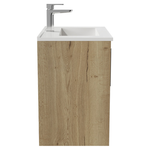 Horizon Autumn Oak 600mm Wall Mounted Vanity Unit with 1 Tap Hole Minimalist Basin and 2 Doors with Polished Chrome Handles View from Side