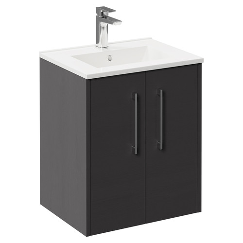 Horizon Graphite Grey 500mm Wall Mounted Vanity Unit with 1 Tap Hole Minimalist Basin and 2 Doors with Polished Chrome Handles Left Hand View