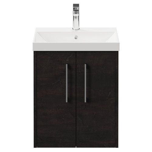Horizon Metallic Slate 500mm Wall Mounted Vanity Unit with 1 Tap Hole Slim Edge Basin and 2 Doors with Polished Chrome Handles View From Front