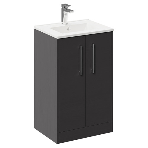 Horizon Graphite Grey 500mm Floor Standing Vanity Unit with 1 Tap Hole Minimalist Basin and 2 Doors with Polished Chrome Handles Left Hand View