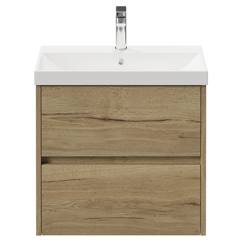 Montego Autumn Oak 600mm Wall Mounted Vanity Unit with 1 Tap Hole Slim Edge Basin and 2 Drawers View from Front