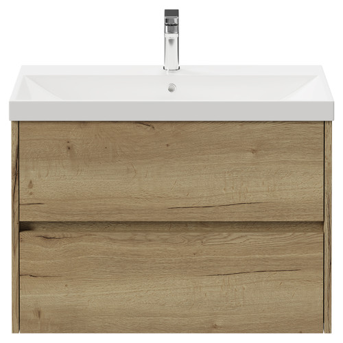 Montego Autumn Oak 800mm Wall Mounted Vanity Unit with 1 Tap Hole Slim Edge Basin and 2 Drawers View from Front