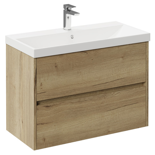 Montego Autumn Oak 800mm Wall Mounted Vanity Unit with 1 Tap Hole Slim Edge Basin and 2 Drawers Left Hand View