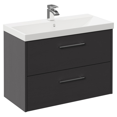 Horizon Graphite Grey 800mm Wall Mounted Vanity Unit with 1 Tap Hole Slim Edge Basin and 2 Drawers with Polished Chrome Handles Left Hand View
