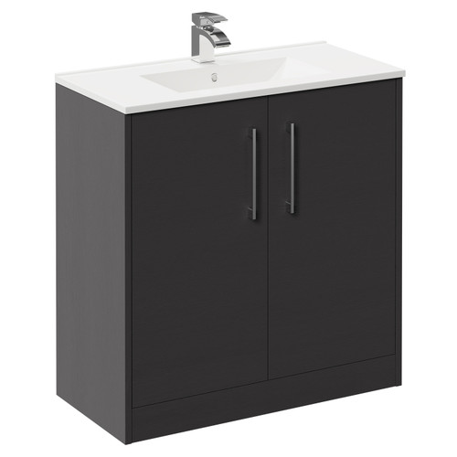 Horizon Graphite Grey 800mm Floor Standing Vanity Unit with 1 Tap Hole Minimalist Basin and 2 Doors with Polished Chrome Handles Left Hand View