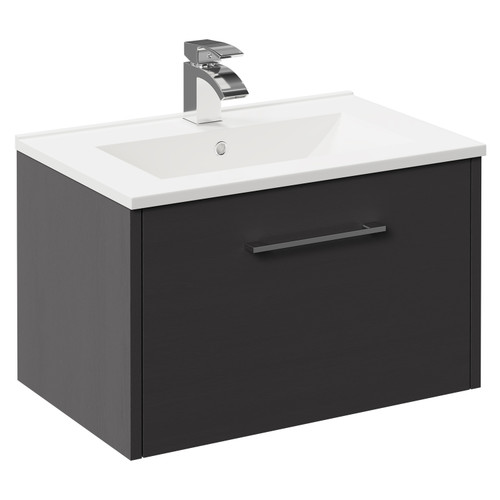 Horizon Graphite Grey 600mm Wall Mounted Vanity Unit with 1 Tap Hole Minimalist Basin and Single Drawer with Polished Chrome Handle Left Hand View
