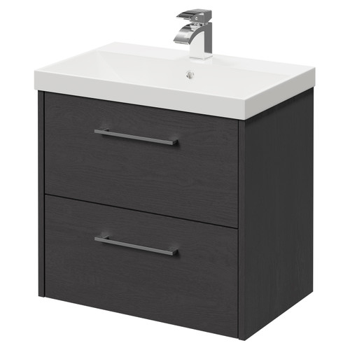 Horizon Graphite Grey 600mm Wall Mounted Vanity Unit with 1 Tap Hole Slim Edge Basin and 2 Drawers with Polished Chrome Handles Right Hand View