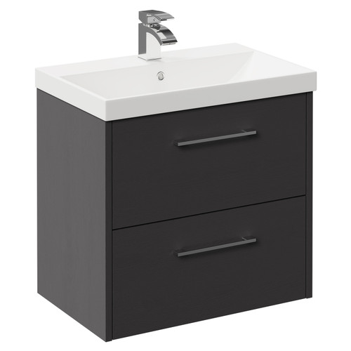Horizon Graphite Grey 600mm Wall Mounted Vanity Unit with 1 Tap Hole Slim Edge Basin and 2 Drawers with Polished Chrome Handles Left Hand View
