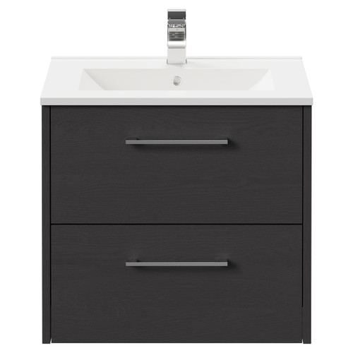 Horizon Graphite Grey 600mm Wall Mounted Vanity Unit with 1 Tap Hole Minimalist Basin and 2 Drawers with Polished Chrome Handles Front View